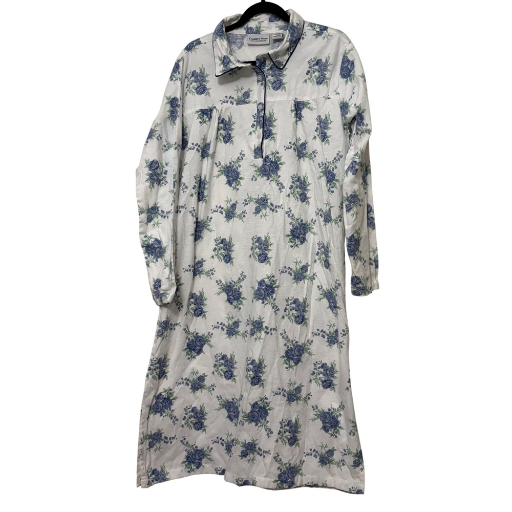 Country Store Womens XL Cotton‎ Flannel Nightgown Blue Rose Floral Long Sleeve